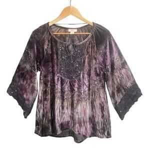 Style & Co Velvet Paisley Print Sequined Top Black Lace Trim Blouse Large Boho